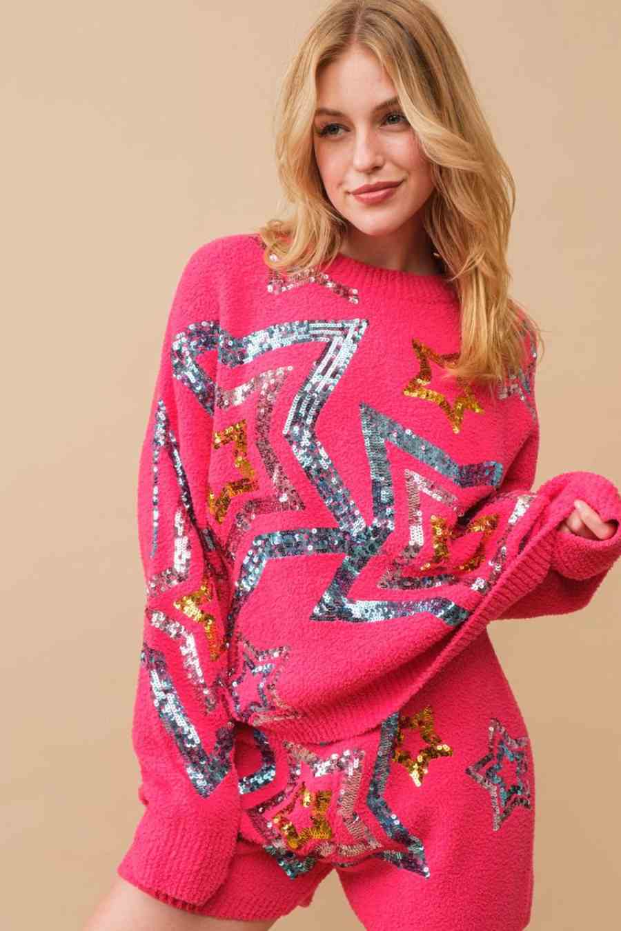 Cozy Soft Sequin Star Sweater with Shorts Set