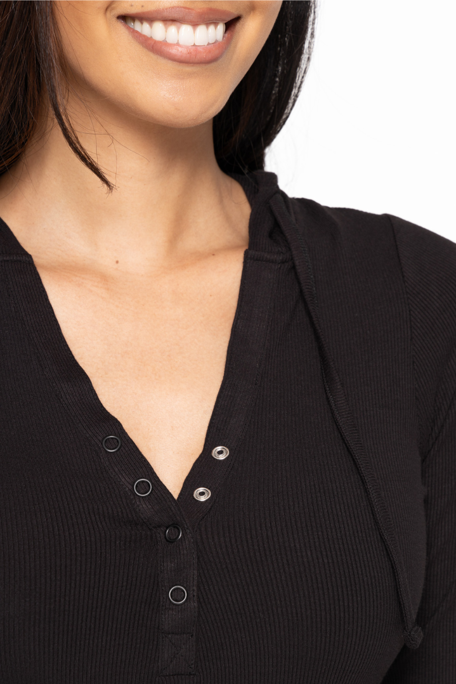 close up detail look at the long sleeve henley hooded top in black 