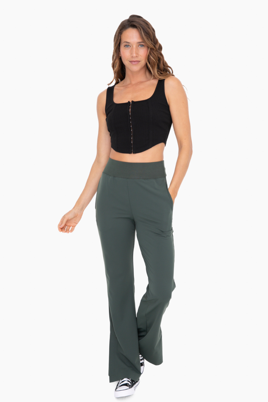 full length front view of the graphene wide leg active pants in the color forest