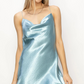 close up of the stassi cowl neck mini dress in the color aqua 