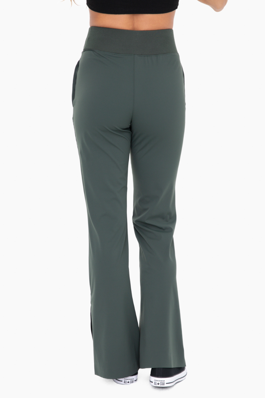 back view of the graphene wide leg active pants in the color forest 