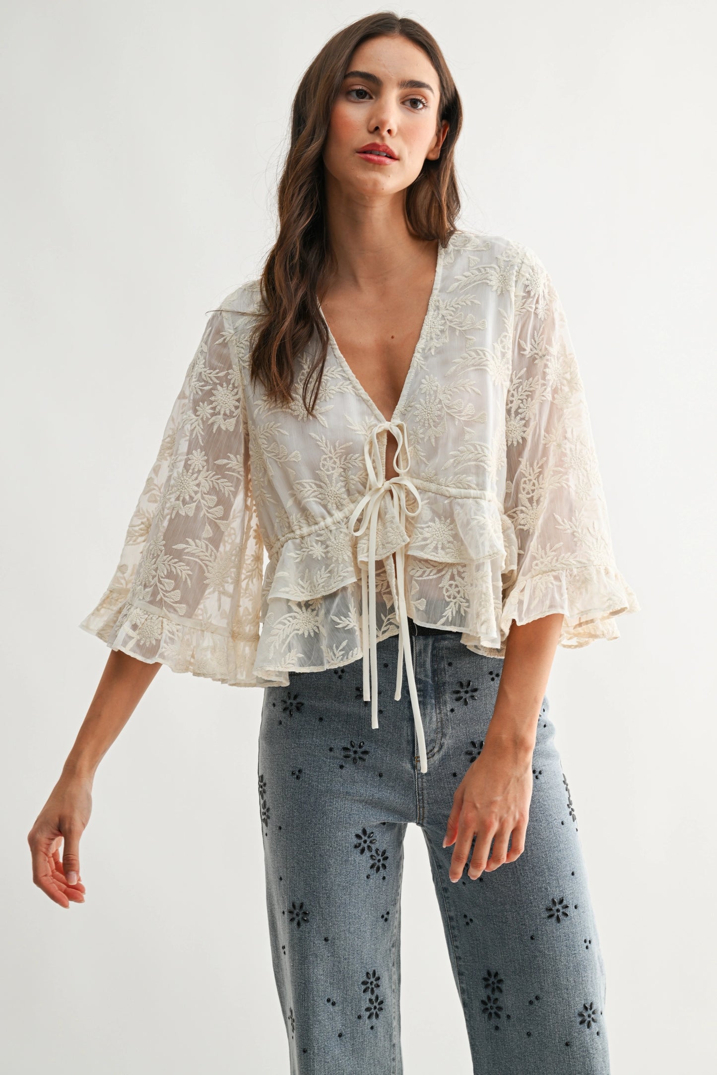 Boho Embroidered Sheer Blouse Flowy Bell Sleeves