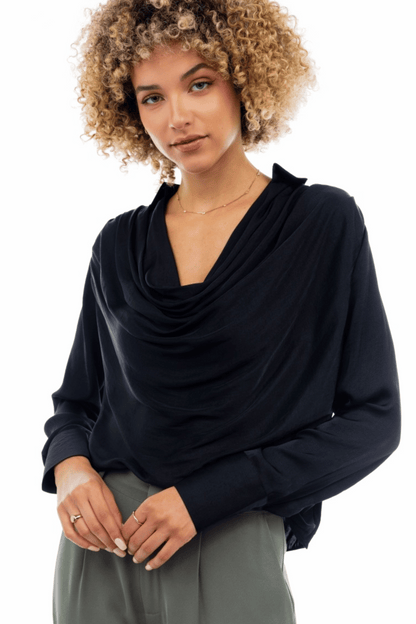 Draped Cowl Neck Blouse with Buttoned Cuffs