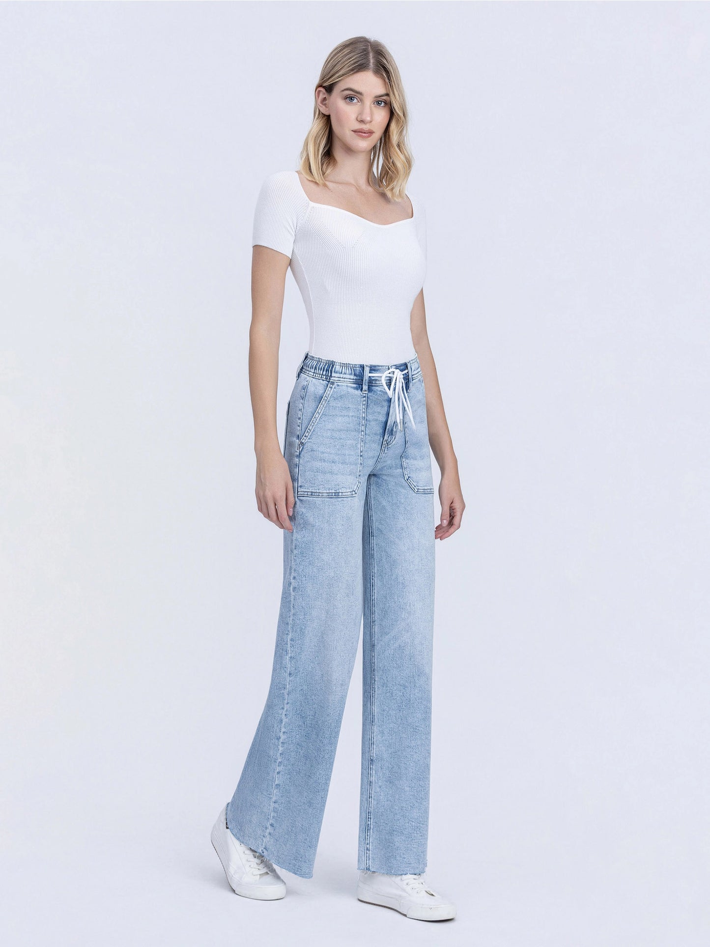High Rise Drawstring Waistband Wide Leg Jeans