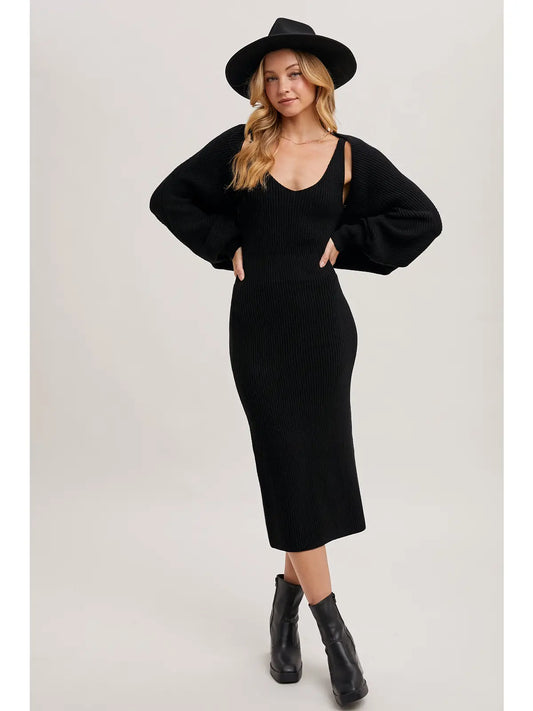 V-Neck Knit Midi Dress and Knit Shrug Set