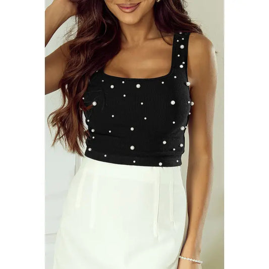 Pearl Decor Square Neck Sleeveless Crop Top