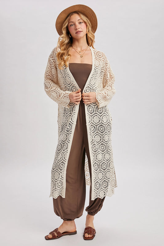 Boho Long Line Side Slit Crochet Cardigan