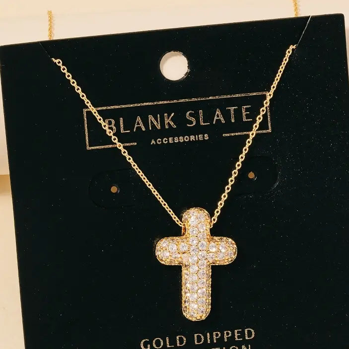 Gold Dipped Cz Pave Bubble Cross Pendant Necklace