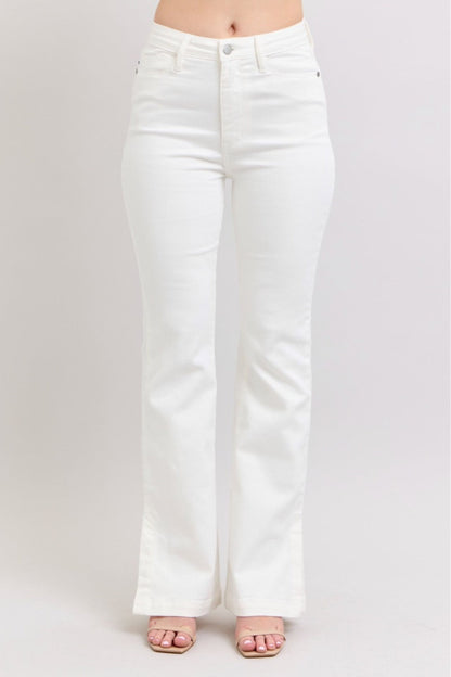 High Waist White Side Slit Slim Bootcut Jeans