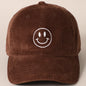 Happy Face Embroidered Corduroy Baseball Cap