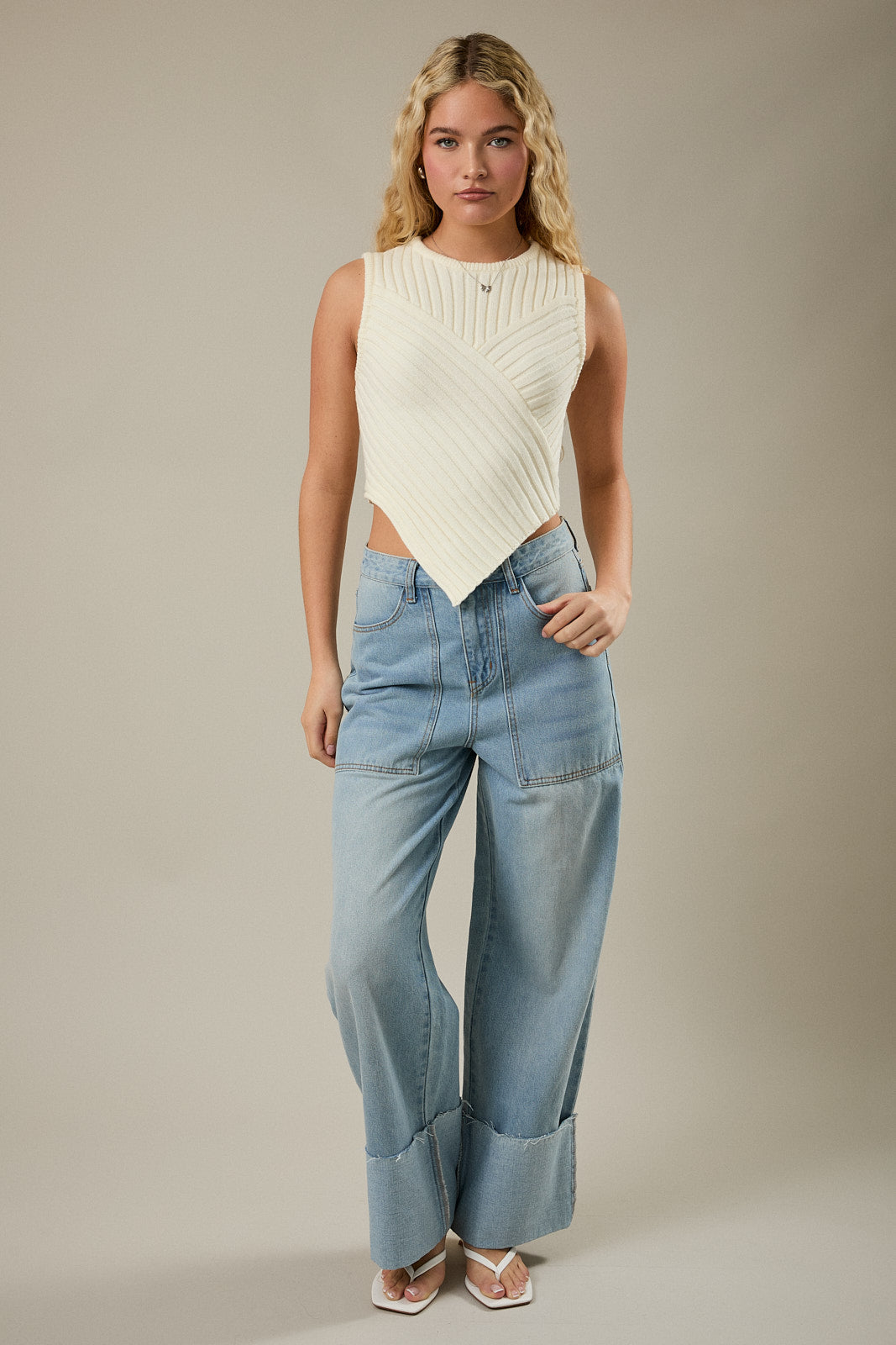 High Waisted Wide Leg Cuffed Jeans