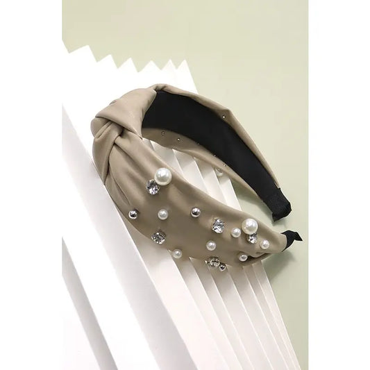Knotted Faux Leather Pearl Rhinestone Hair Band