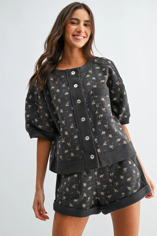 Floral Print Short Sleeve Top Set Pocket Shorts