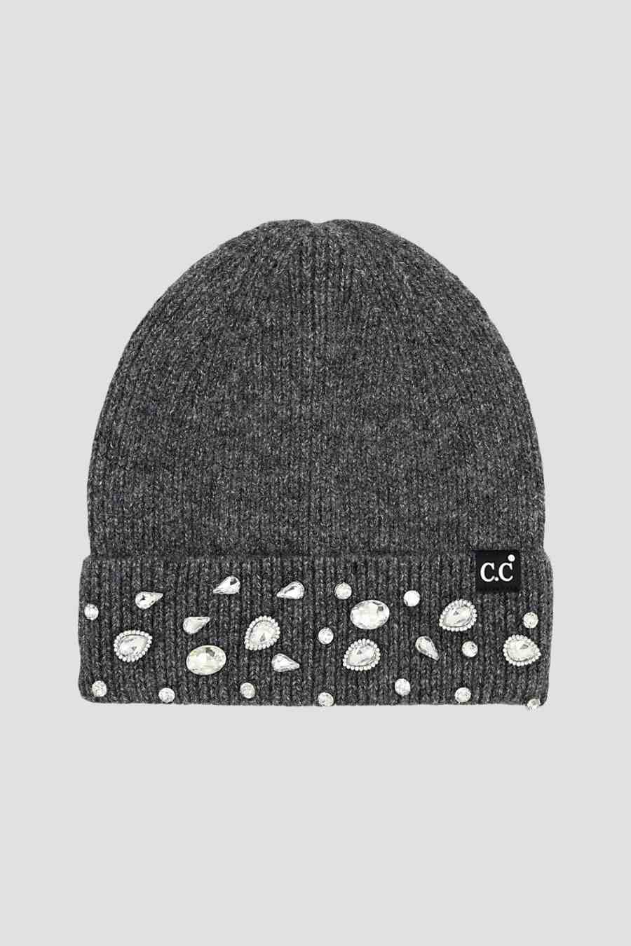 Rhinestone Charm Ribbed Cuff Beanie - Charcoal