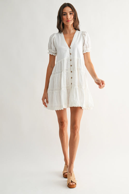 Button-Front Mini Dress with Puff Sleeves