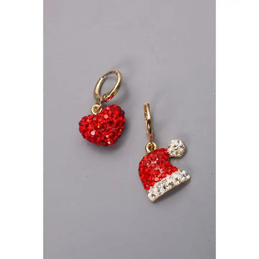 Rhinestone Santa Hat and Heart mini Hoop Earrings