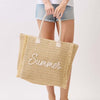 Woven Straw Fringe Tote with Summer Embroidery