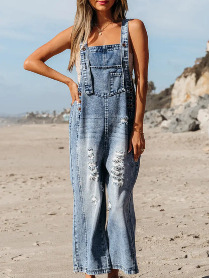 Distressed Pocketed Wide Leg Capri Denim Overall
