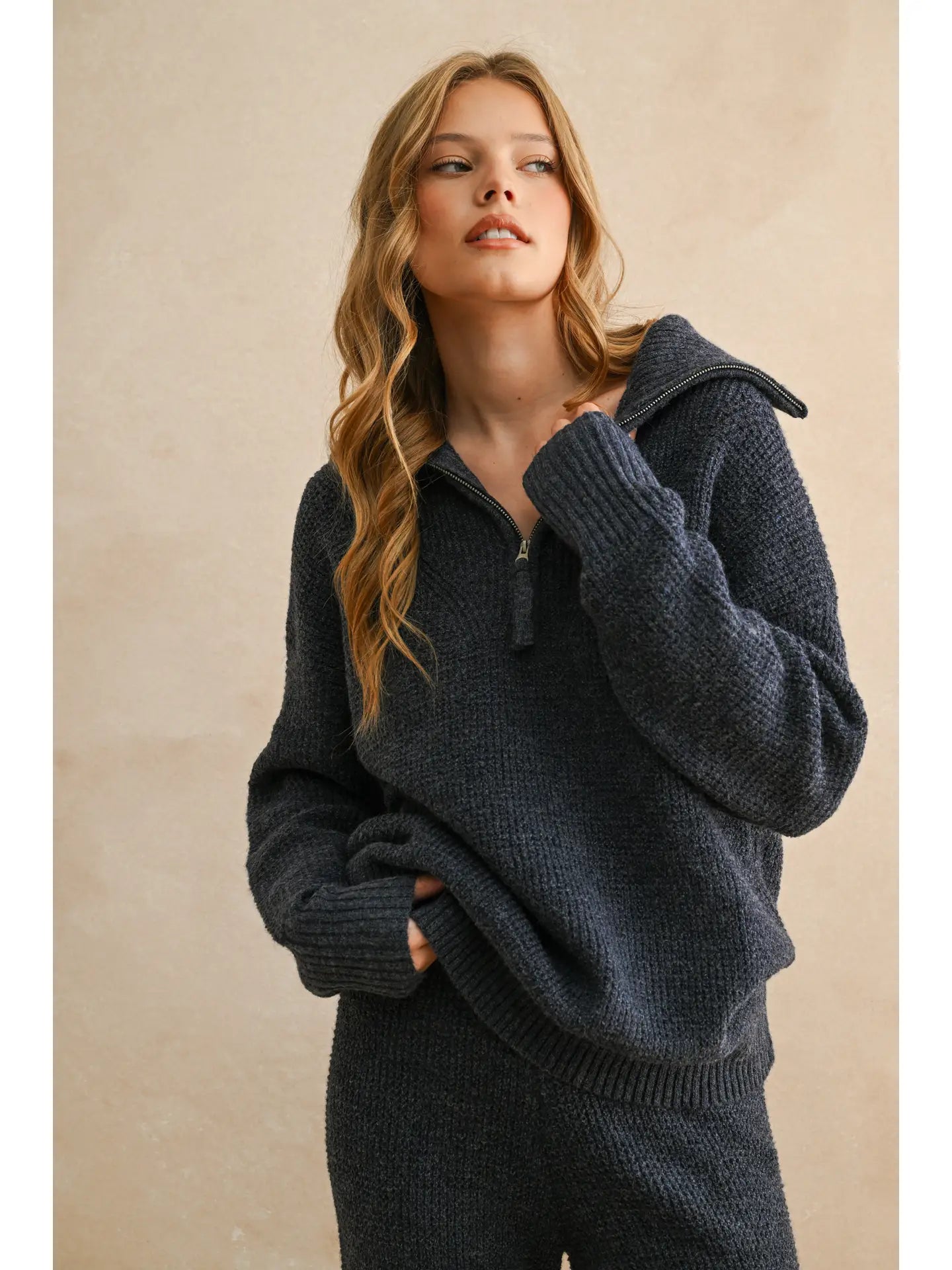 Waffle Pattern Half Zip Up Sweater Top