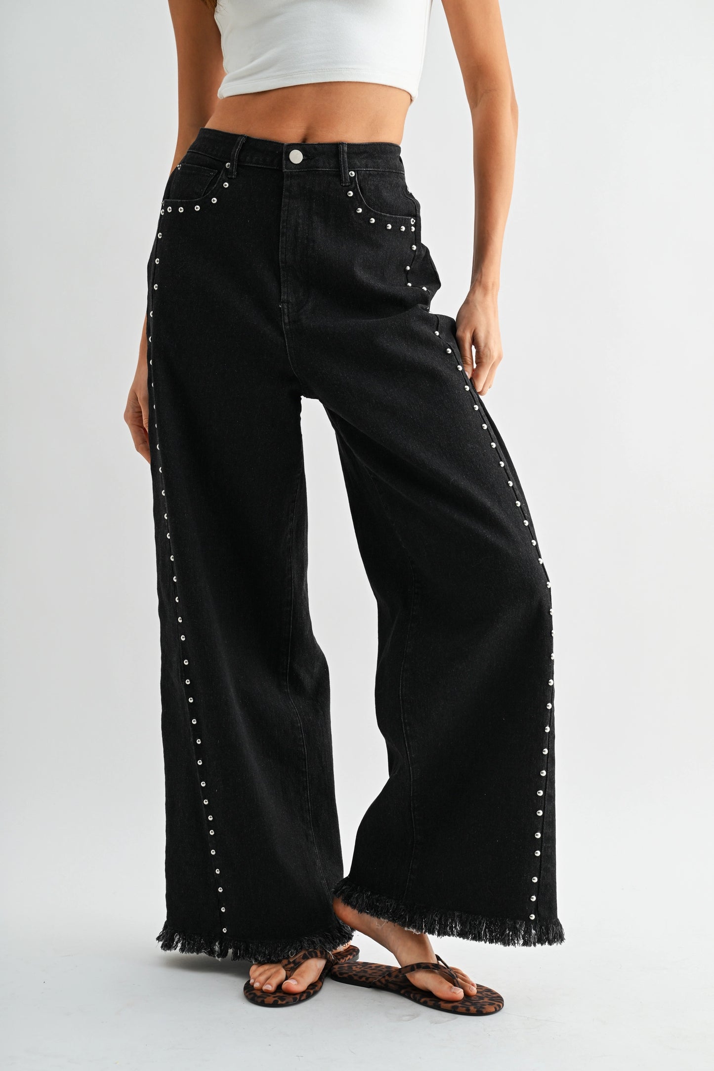 High-Waisted Black Wide-Leg Denim Stud Pants