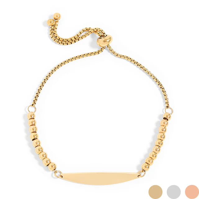 18K Gold Stainless Steel Adjustable Beaded Curved Engravable Bar Bracelet