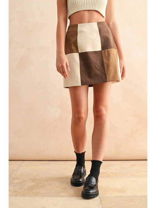 Patch Work Effect Suede Skirt