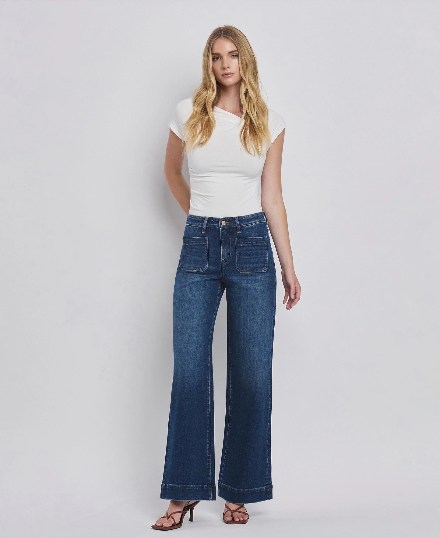 High Rise Patch Pocket Trouser Hem Wide Jeans