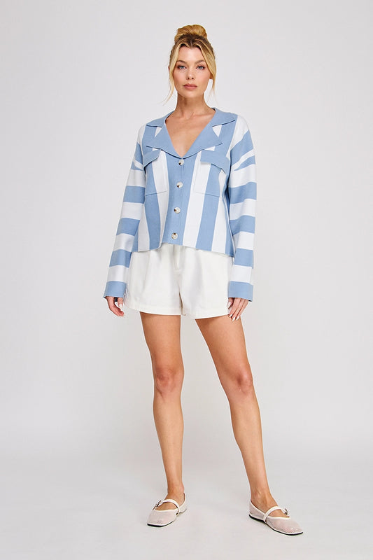 Striped Soft Relaxed Collared Cardi