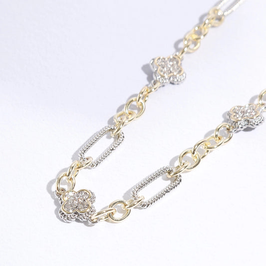 Cz Clover Pendant Multi-Toned Link Necklace