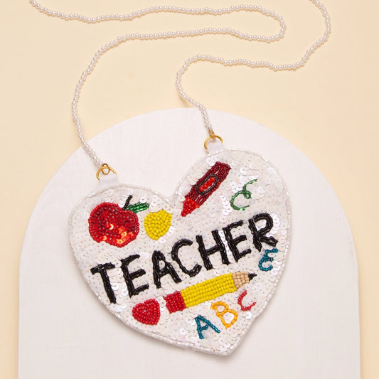 "Teacher" Sequins Seed Beaded Heart Crossbody Bag