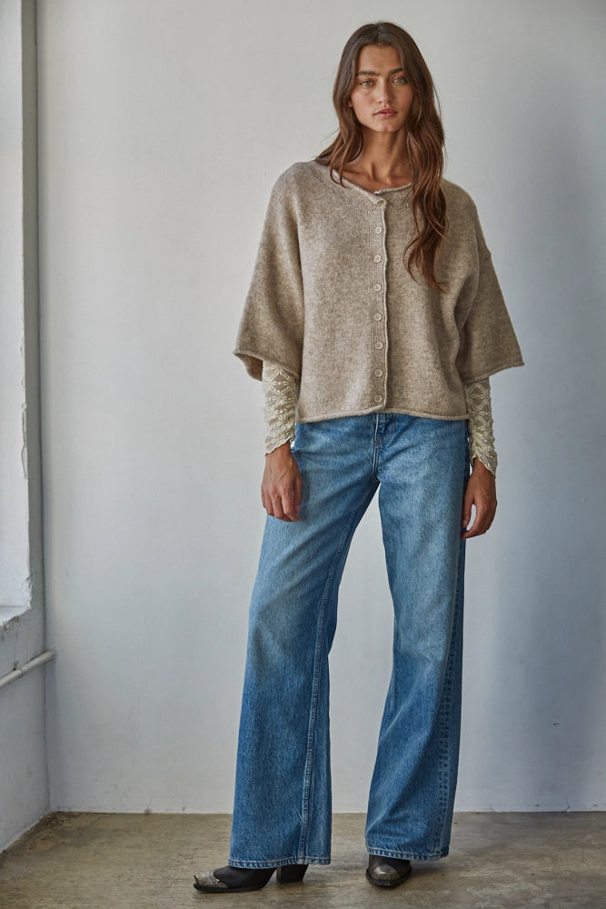Knit Sweater Quarter Sleeve Button Up Cardigan Top