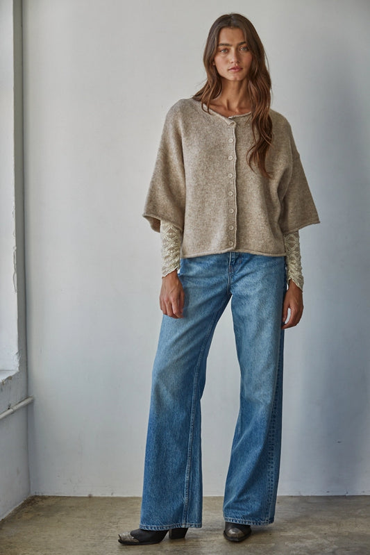 Knit Sweater Quarter Sleeve Button Up Cardigan Top