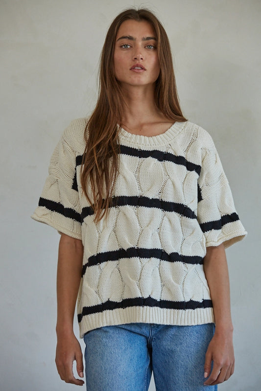 Knit Sweater Cotton Acrylic Cable Striped Round Neck