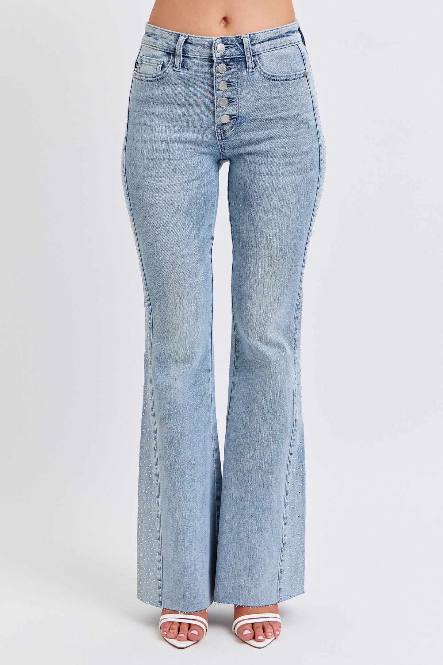 Mid Rise Rhinestone Side Detail Flare Denim Jeans