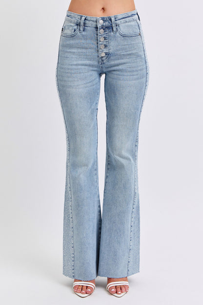 Mid Rise Rhinestone Side Detail Flare Denim Jeans