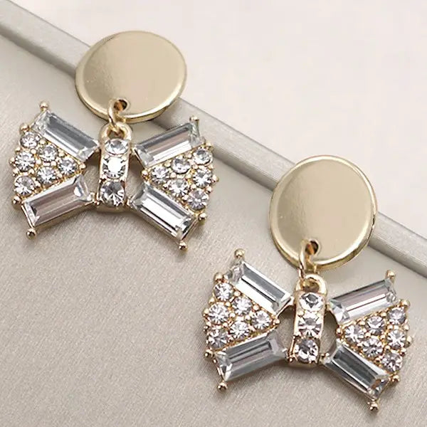 Classic Gold Stud Rhinestone Bow Drop Earrings