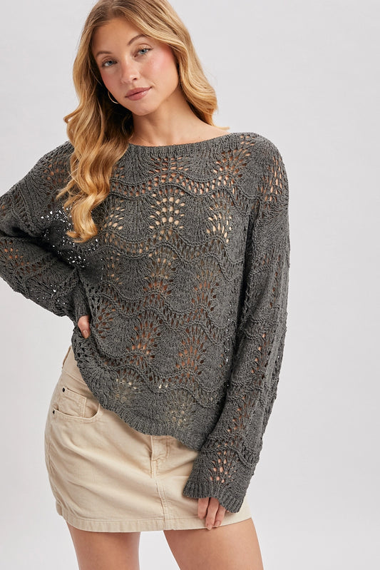 Boat Neck Scalloped Hem Open Knit Sweater