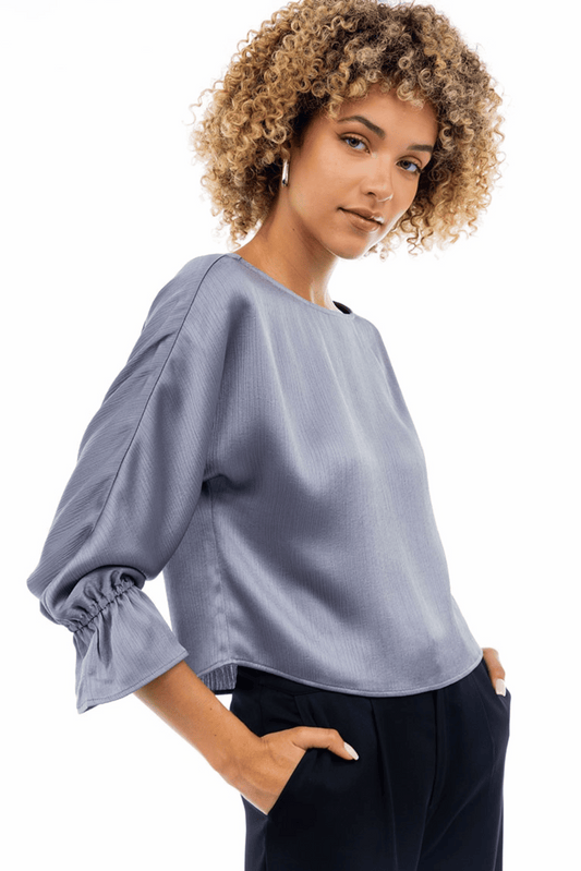 Boat Neck Blouse with Gathered Cuff Sleeves