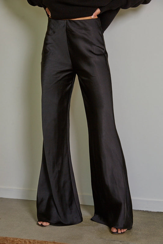 Woven Polyester Spandex Satin High Rise Pants