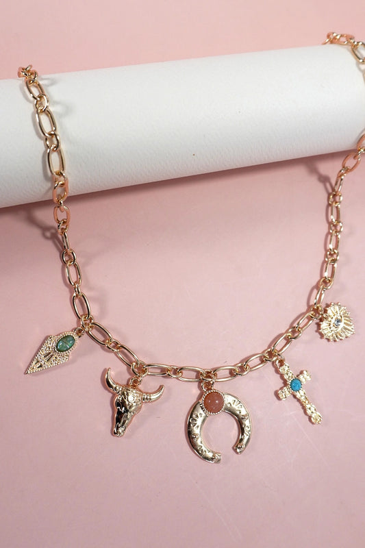 Charm Necklace-Western Horn Cross Bull Head