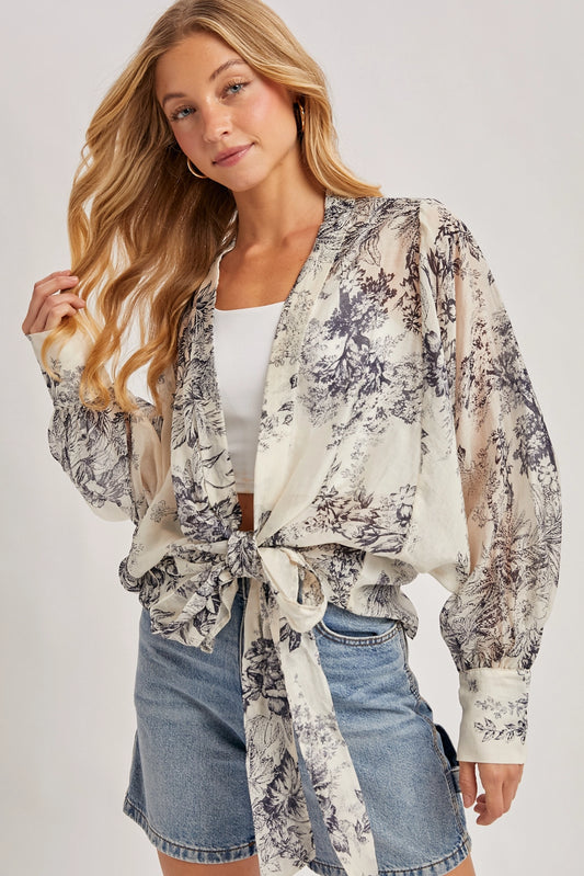 Botanical Print Tied Front Balloon Sleeved Kimono
