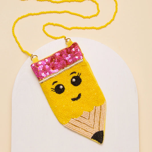 Sequin & Seed Beaded Crossbody Smiley Pencil Bag