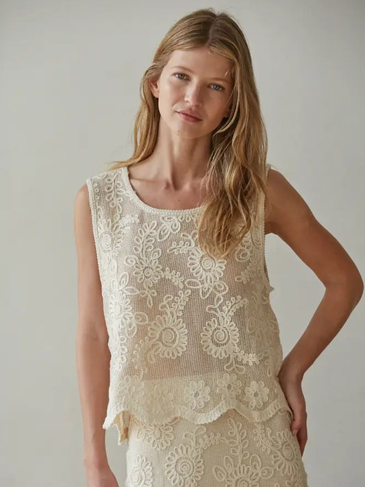 Woven Cotton Floral Lace Work Sleeveless Top