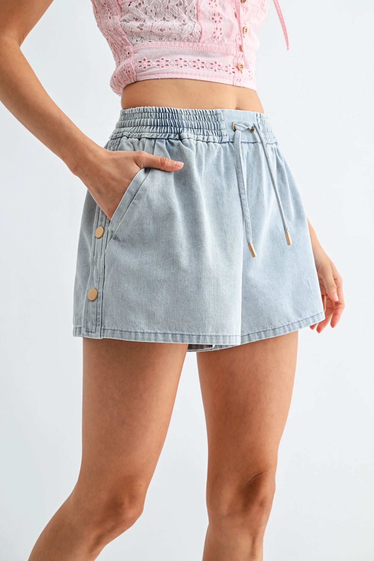 Light Wash Denim Drawstring Shorts Side Buttons