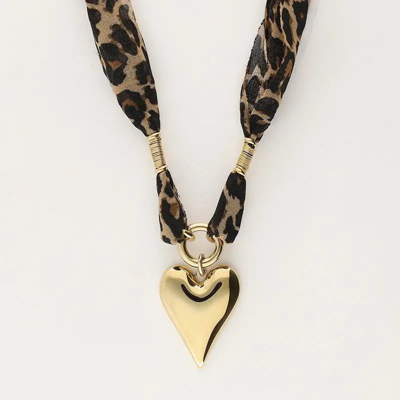 Heart Pendant Leopard Scarf Necklace