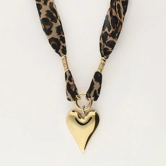 Heart Pendant Leopard Scarf Necklace