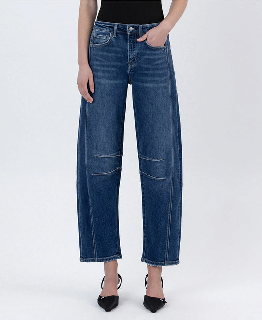 High Rise Dark Wash Barrel Leg Jeans