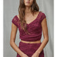 Knit Nylon Spandex Lace Cap Sleeve V Neck Crop Top
