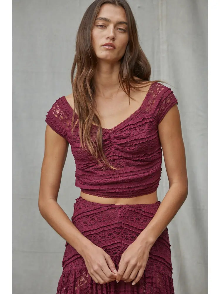 Knit Nylon Spandex Lace Cap Sleeve V Neck Crop Top