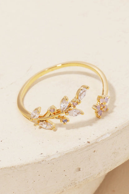 Gold Dipped Dainty Rhinestone Leaf Flower Open Ring